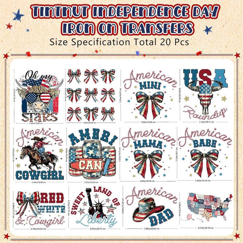 Tintnut American Flag DTF Transfers Ready to Press Vintage Iron on Transfers-20 Sheets Independence Day Iron on Decals for T-Shirts Clothing Heat Transfer Iron on Stickers for Canvas Bag Design - Image 2